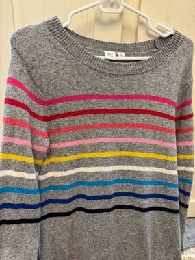 GAP Maternity Women's Gray Crewneck Sweater with Multicolor Stripes